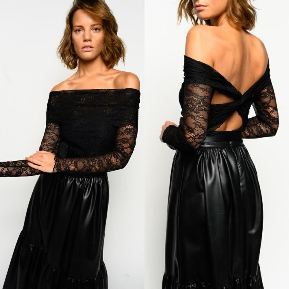 Pinko Black Lace Off-Shoulder Bodysuit with Twist Back